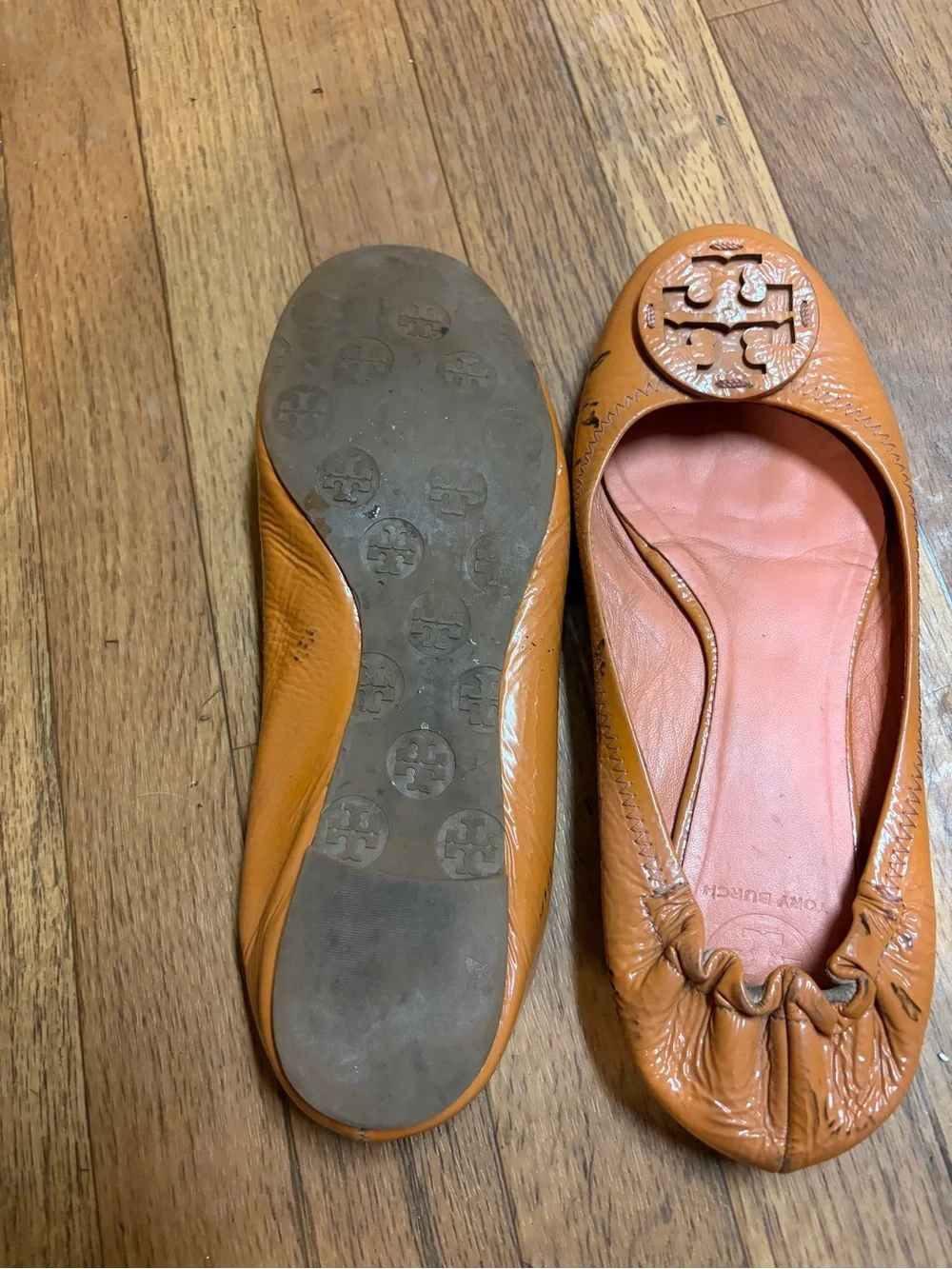 Tory Burch Caramel Leather Logo Ballet Flats